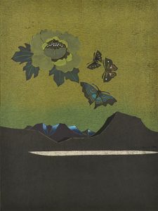 湖山(蝶・牡丹)木版 (60 x 45cm)